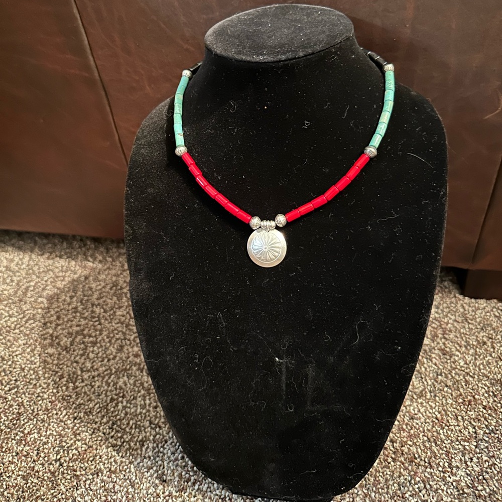 Handmade “One of a Kind” Turquoise, Coral, Jet & Sterling Silver Necklace